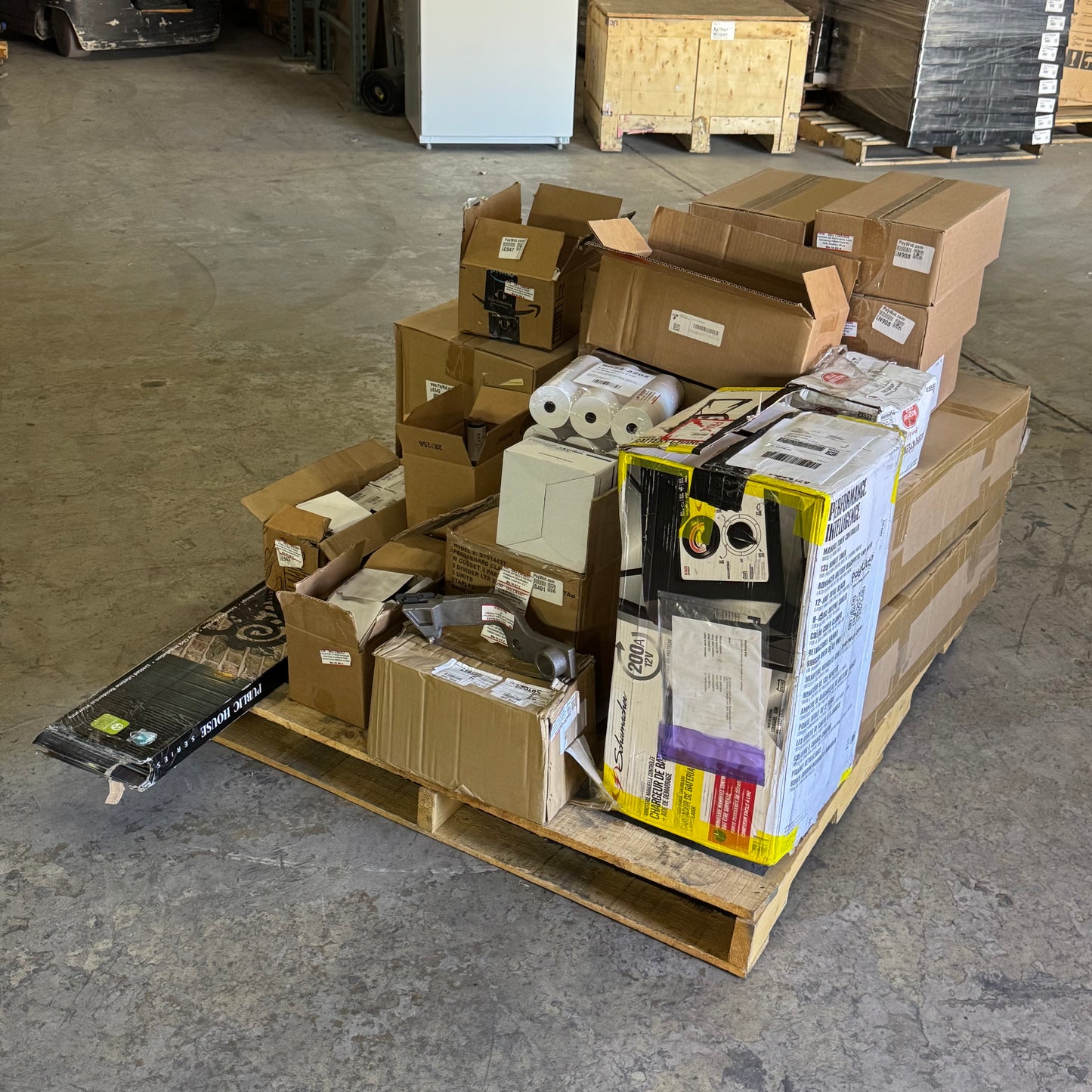 ZA@ Pallet of MIXED Battery Charger, Receipt Paper, Folders Letter, Railroad Train Railcar, Etc... (AS-IS)