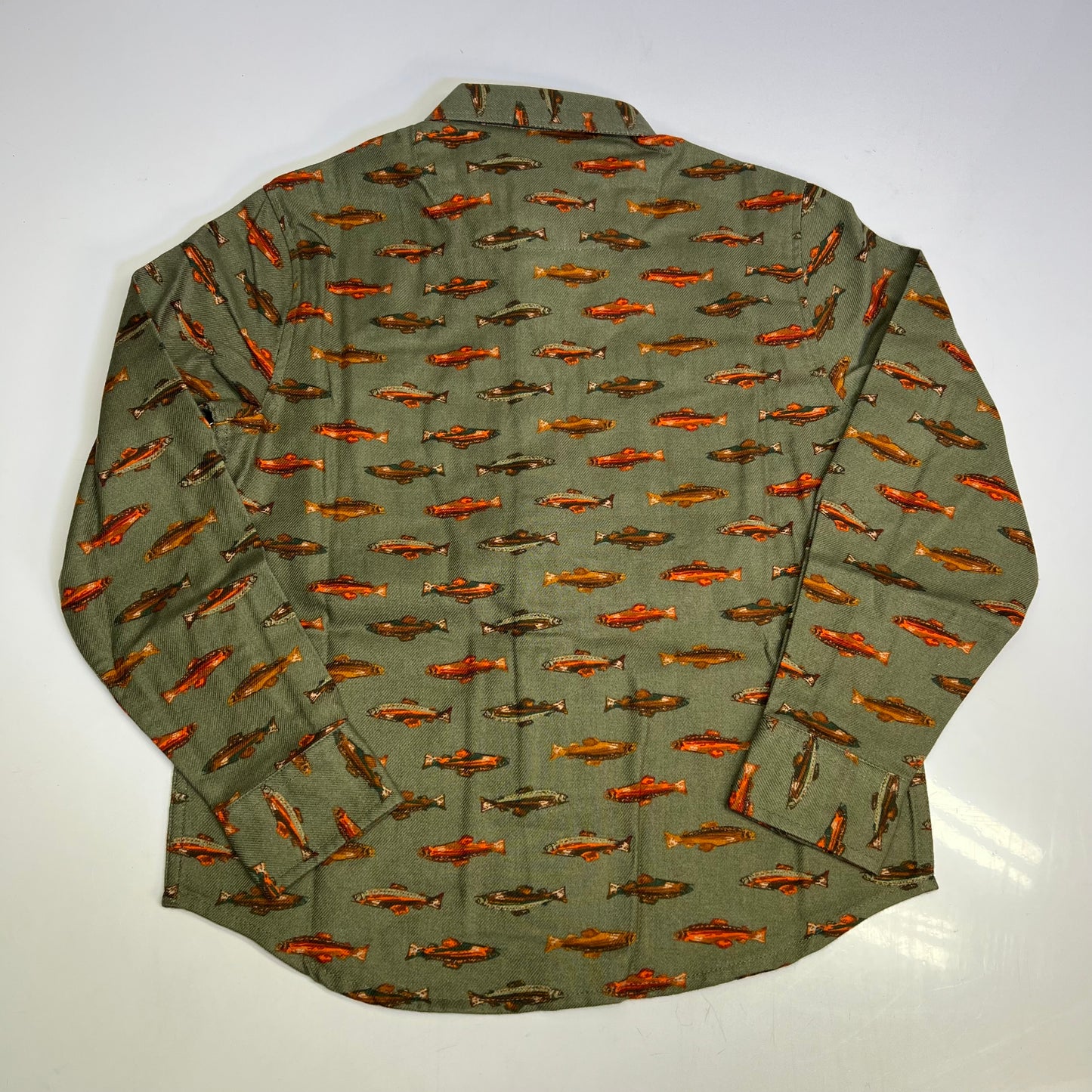 OLD NAVY Printed Fish Pattern Long Sleeve Fennel Pocket Shirt Boy's Sz XS Green