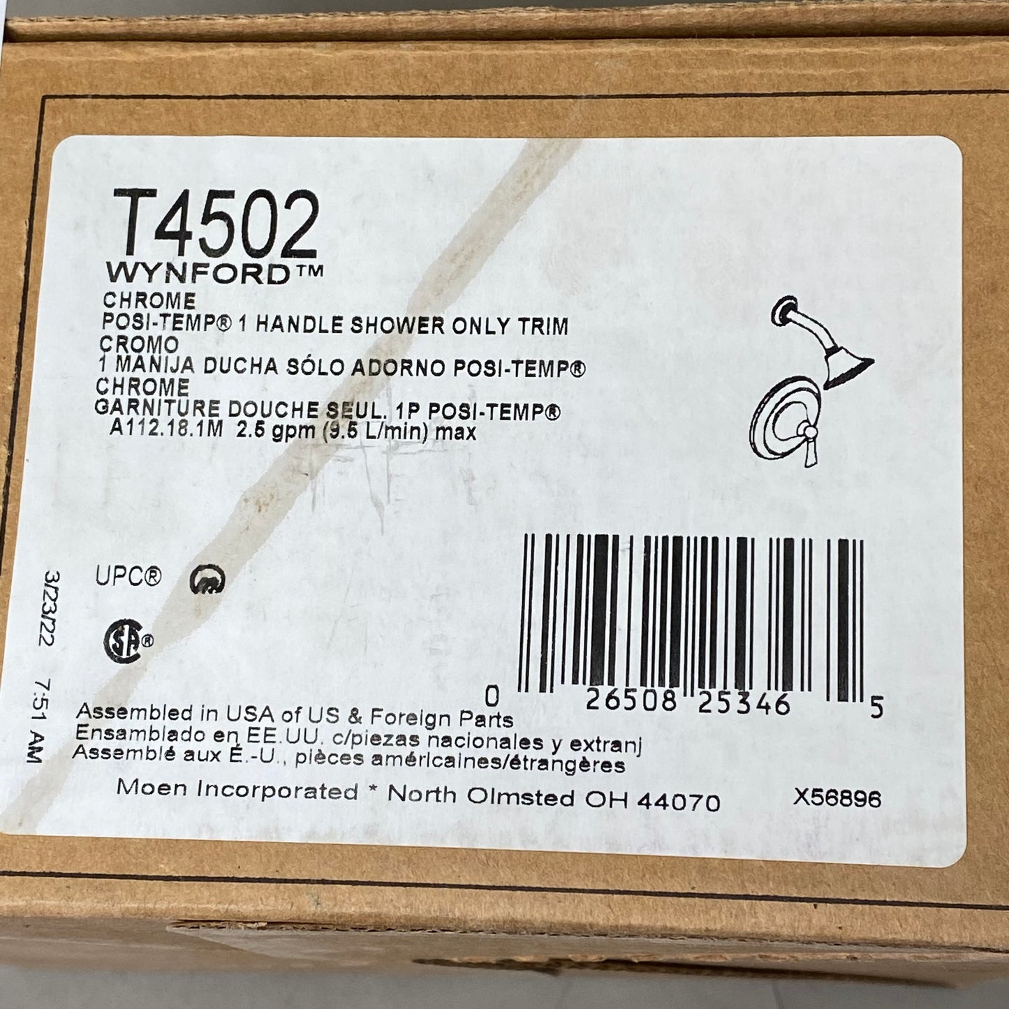 MOEN (3 Piece) Wynford Posi-Temp Shower Trim Kit 7.88"x7"x7" Chrome T4502