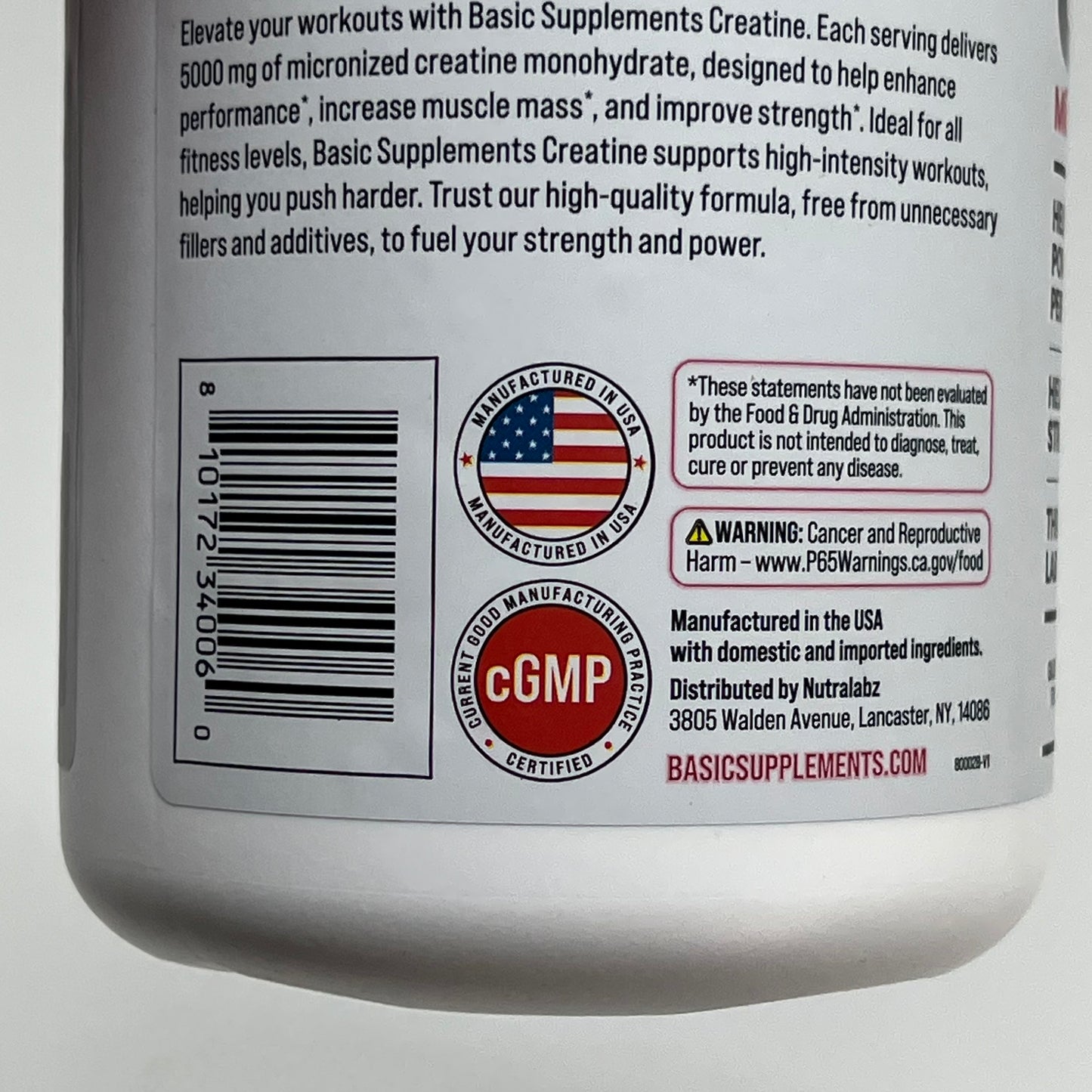 BASIC Creatine Monohydrate Increase Muscle Mass Unflavored 10.6oz BB 05/27