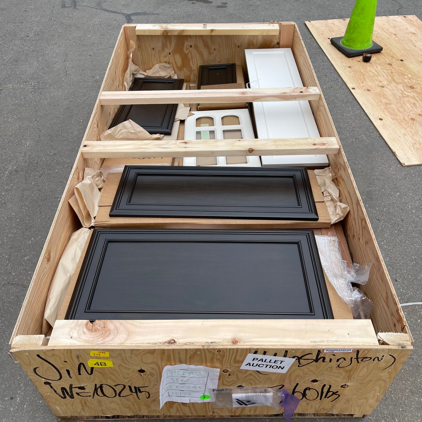 ZA@ Pallet of REBORN CABINETS Pressed Wood Cabinetry Parts Black, White, Walnut (AS-IS)