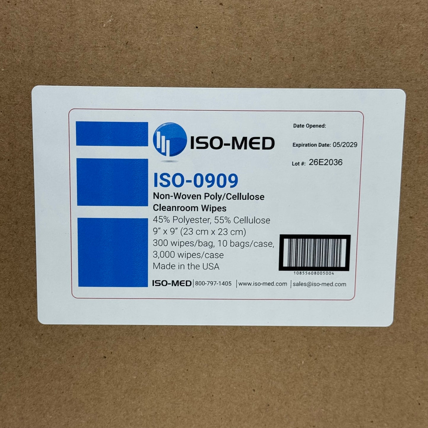 ISO-MED (3000 Wipes) Non-Woven Poly/Cellulose Cleanroom Wipes Sz 9" x 9" ISO-0909