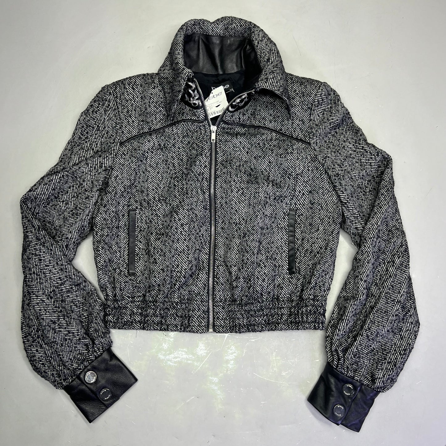 BEBE Under Collar Bling Cropped Wool Sweater Leather Trim Women's Sz S Black