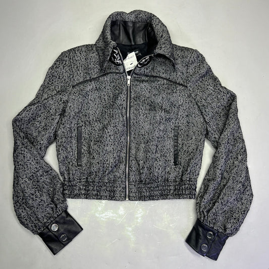 BEBE Under Collar Bling Cropped Wool Sweater Leather Trim Women's Sz S Black