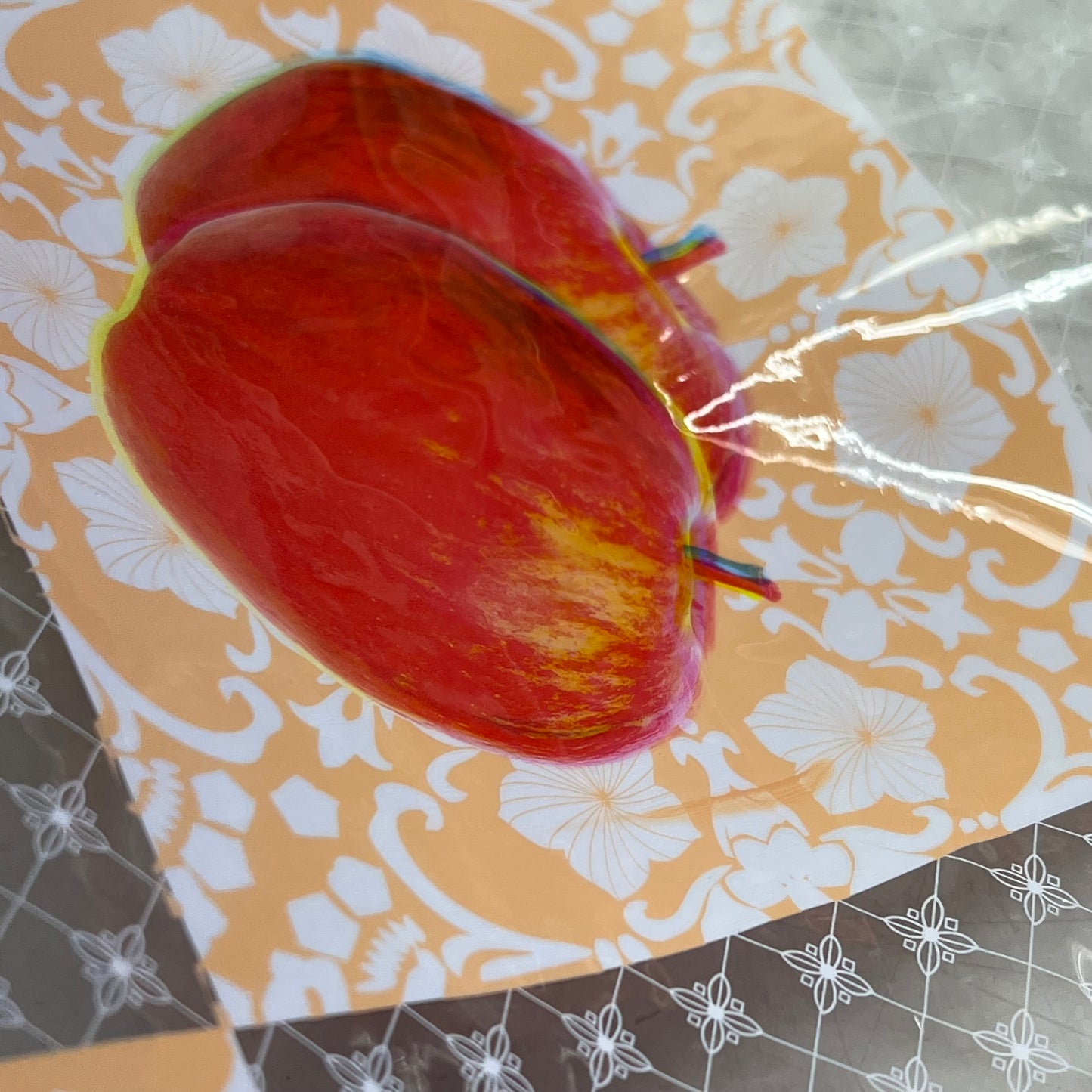 PVC Glossy Faux Lace Patchwork Fruit Dining Tablecloth Roll 54"x60' White/Orange