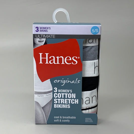 HANES 3 PACK!! Originals Women's Breathable Cotton Bikini Underwear Sz 5/S Black/Heather/Stripe 45OUBK