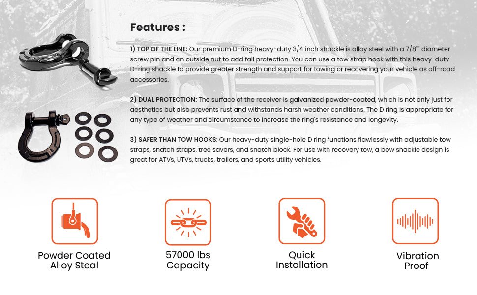G2G4 (2 PACK) Heavy Duty Steel D-Ring Shackle ¾″ 57,000 lb Capacity ⅞″ Screw Pin