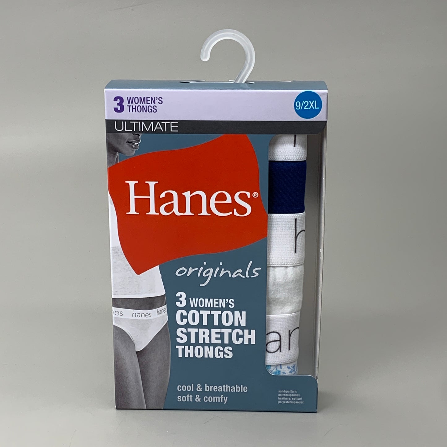 HANES 3 PACK!! Originals Women's Breathable Cotton Stretch Thongs Underwear Sz 9/2XL Navy/White/Floral 45U0BT