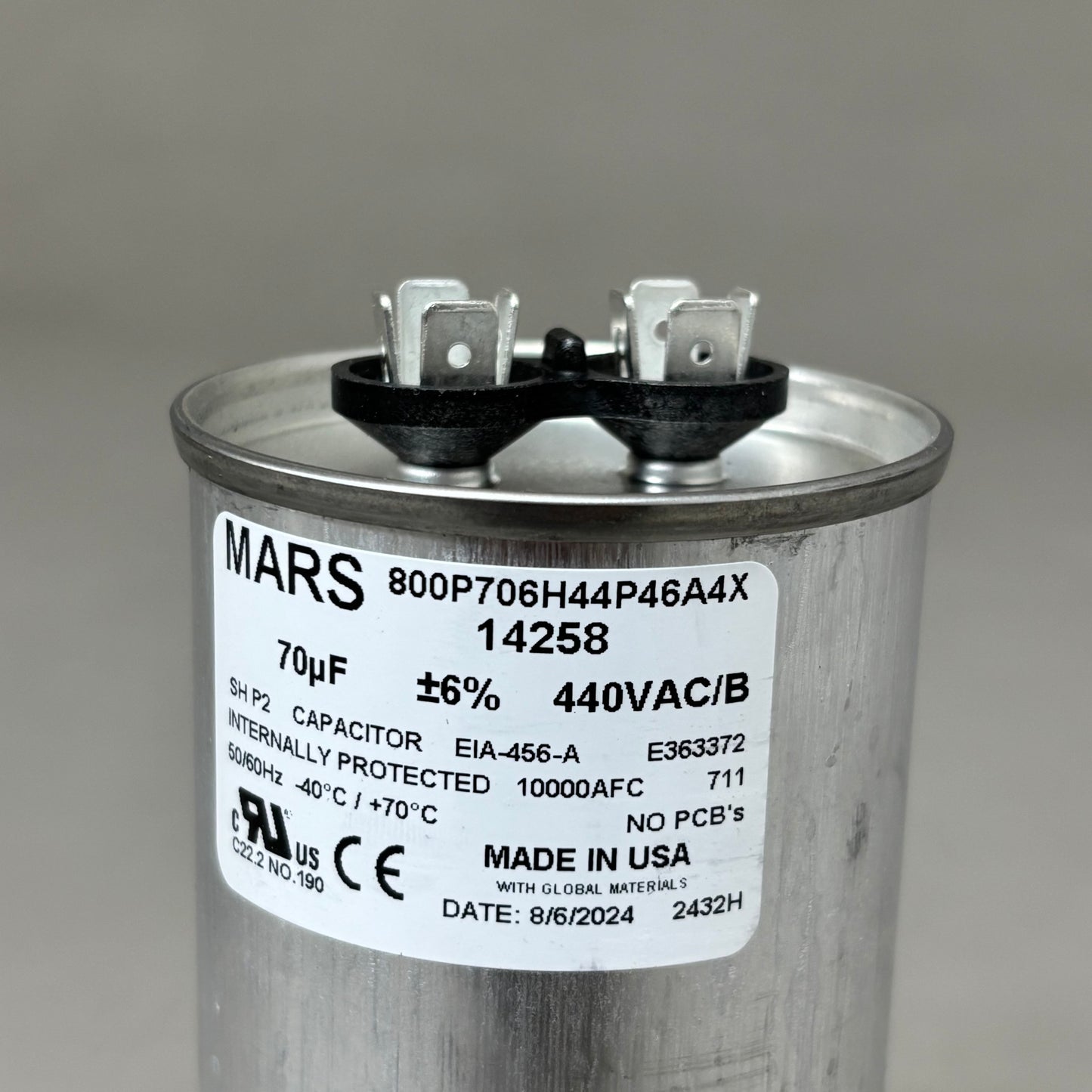 MARS Aluminum Motor Run Capacitor Round 70 MFD 440/370 VAC Dual Voltage 14258