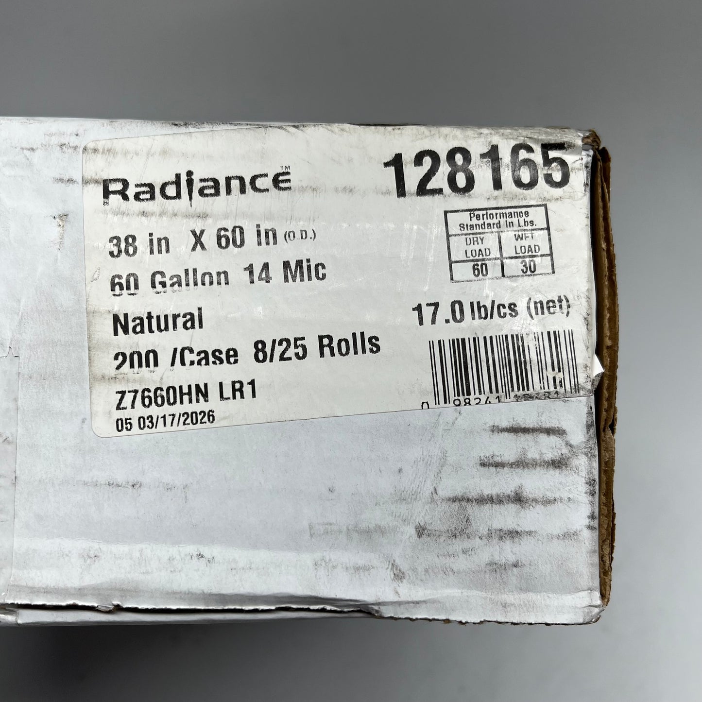 RADIANCE  (200 PACK) Can Liners 17 Micron 38"x60" Fits 60 Gal Natural 128165