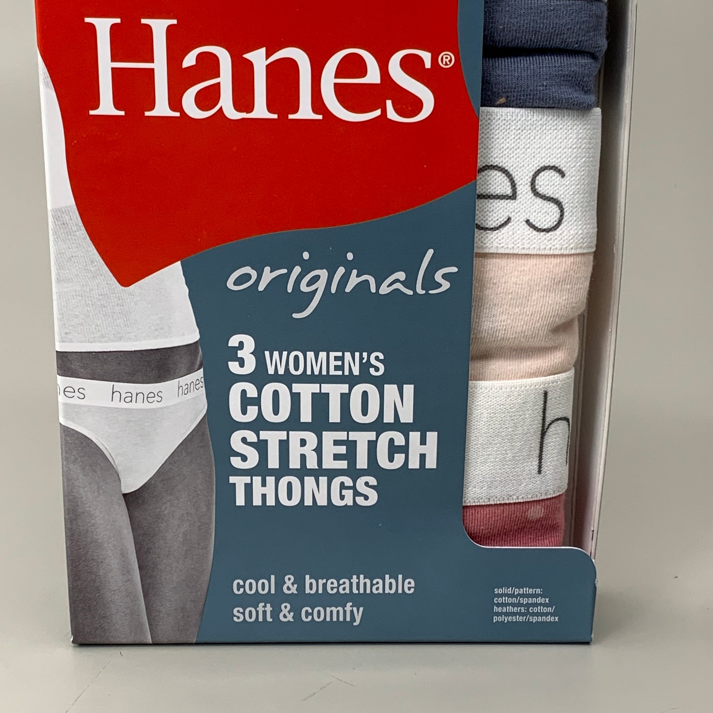 HANES 3 PACK!! Originals Women's Breathable Cotton Stretch Thongs Underwear Sz 8/XL Blue/Buff/Pink 45OUBT