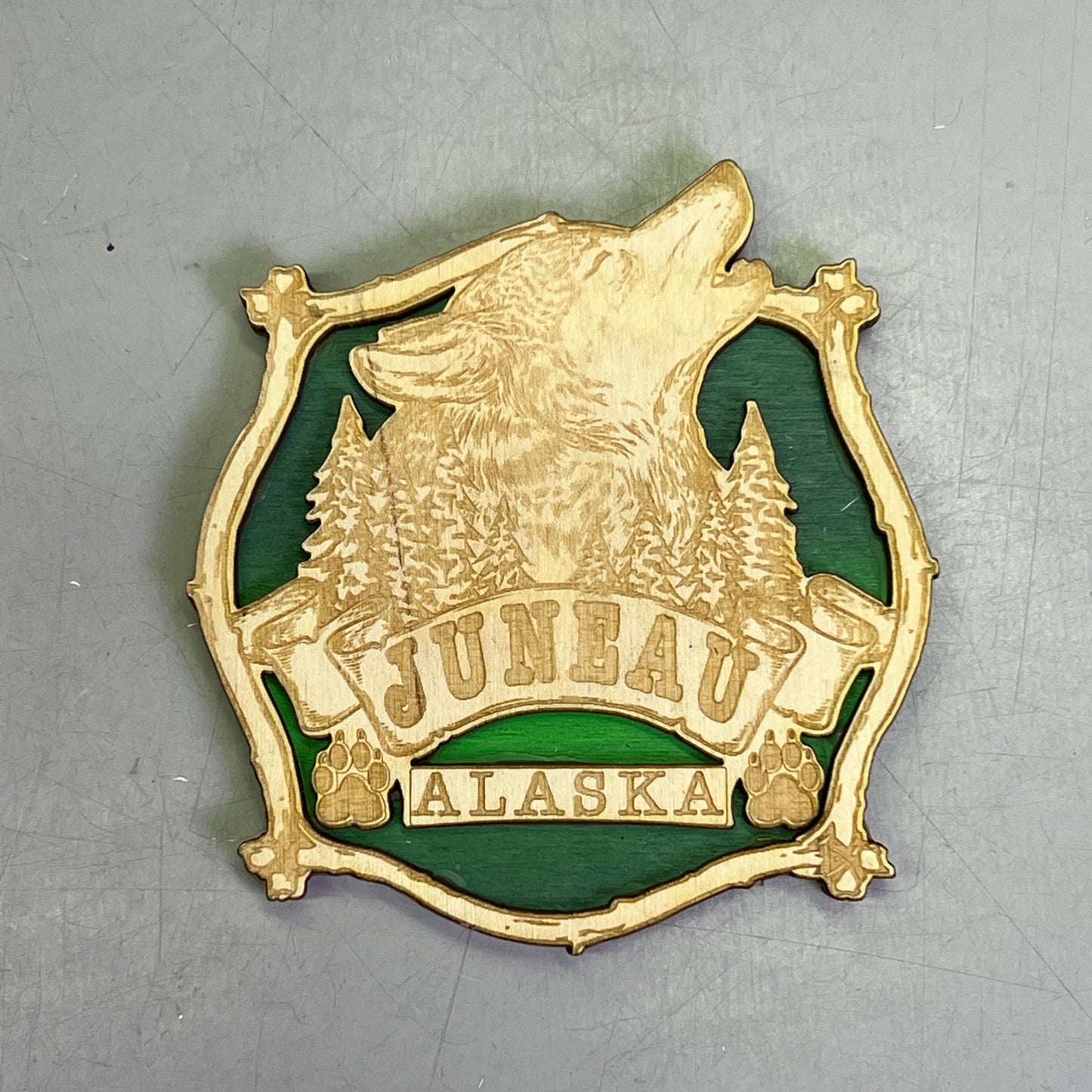 (2 PACK) Howling Wolf Laser Cut Wood Magnet Souvenir JUNEAU, AK Made In USA