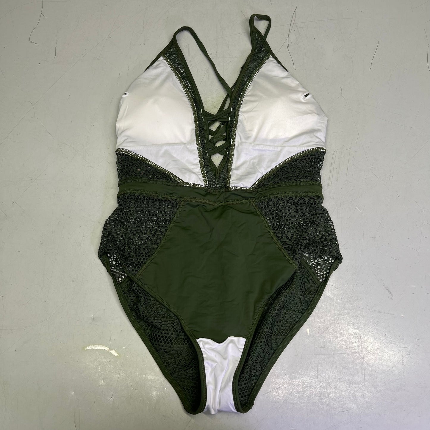 CHARMO Solid Cross Plunge Crochet One Piece Swimsuit Women's Sz M Olive Green