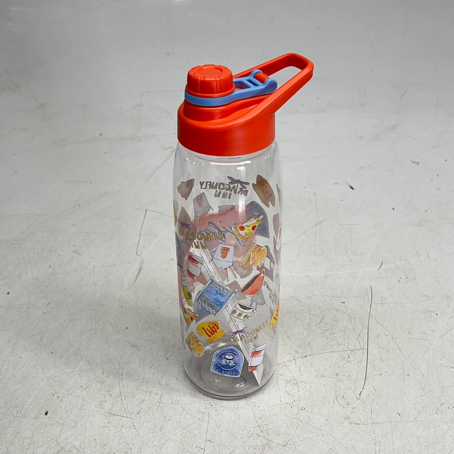 ZA@ SILVER BUFFALO Gilmore Girls Plastic Water Bottle W/ Screw Top Handle Lid 28oz Clear/Multicolor GIL505L3 C