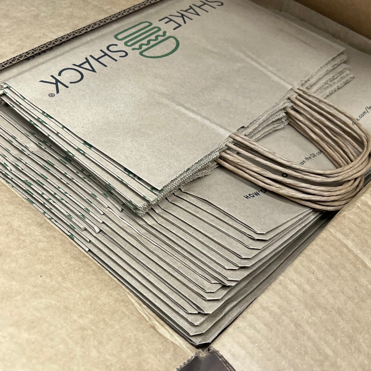 ZA@ SHAKE SHACK (250 PACK) Paper Take Out Bag W/ Handles & Adhesive For Closure 15|x11" Brown