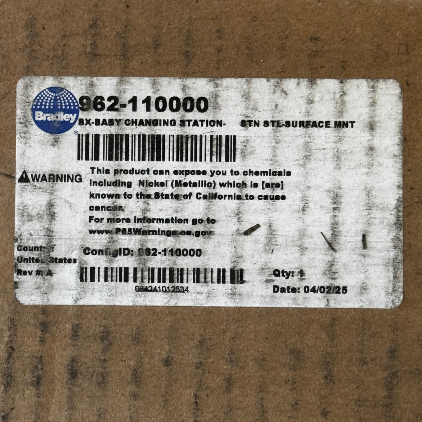 BRADLEY Diaper Changing Station 38"L x 22"H Gray 962-110000