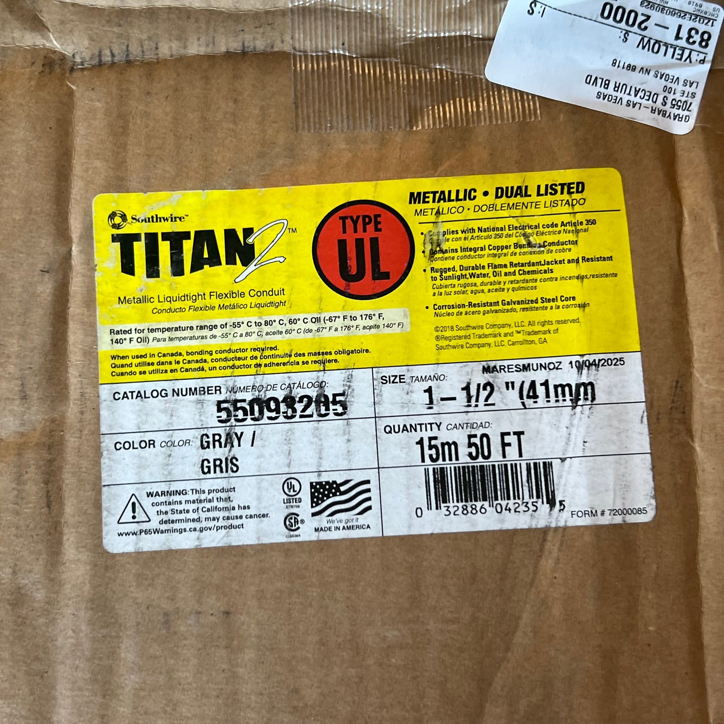 SOUTHWIRE TITAN 2 Metallic Liquidtight Flexible Conduit Sz 50ft x 1-1/2" Grey 55093205