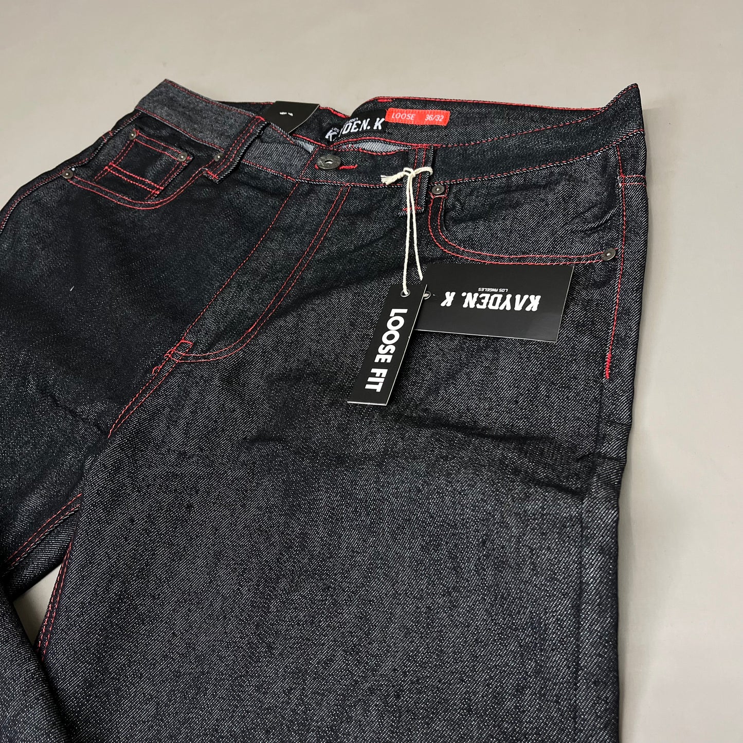 KAYDENK Raw Loose Fit Unwashed Denim Contrast Stitch Jean Men SZ 36/32 Black/Red