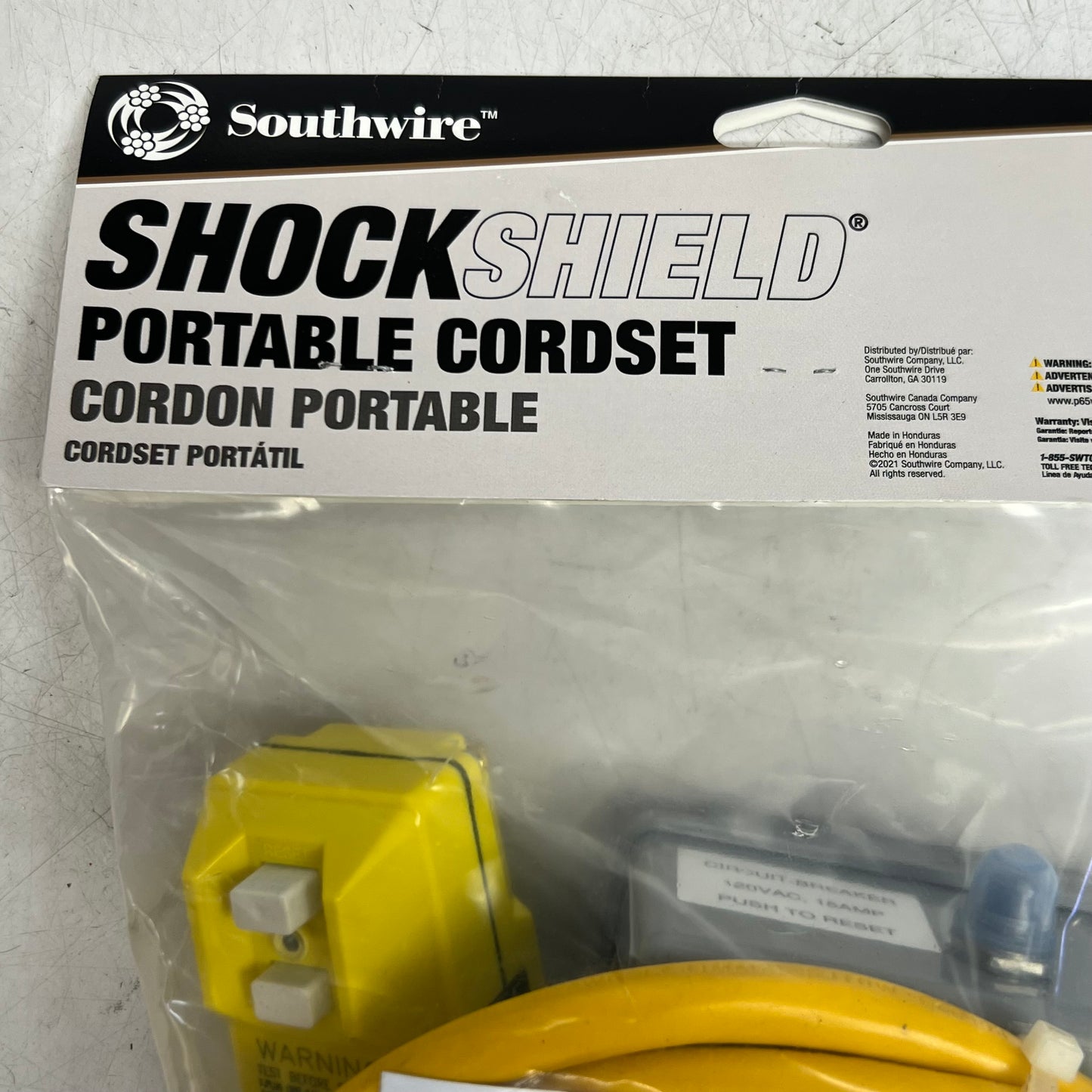 SOUTHWIRE Shockshield Portable Cordset, Manual Reset 120V/15A 6 Ft, Yellow & Grey 14880003-3