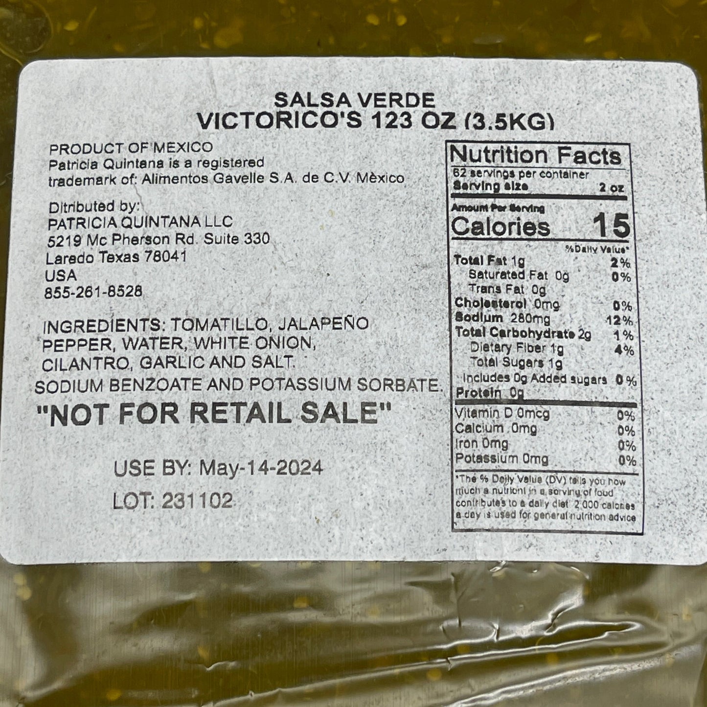 ZA@ PATRICIA QUINTANA (5 PACK) Victorico's Salsa Verde 123 oz Each 231102 BB: 05/14/24 E