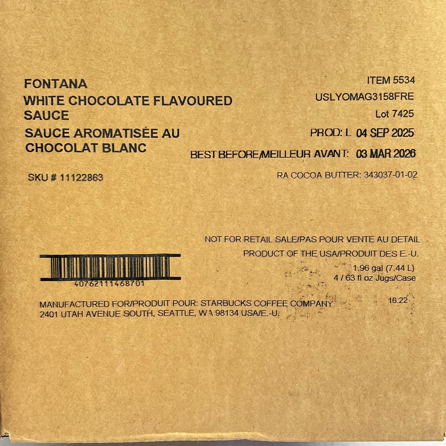 ZA@ STARBUCKS (4 PACK) Fontana White Chocolate Flavored Sauce 1.86 Liter BB 03/26