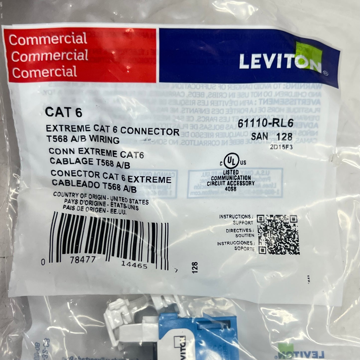 LEVITON Extreme Cat 6a Quickport Jack Channel Rated 26 To 22 AWG Blue 6110G-RL6