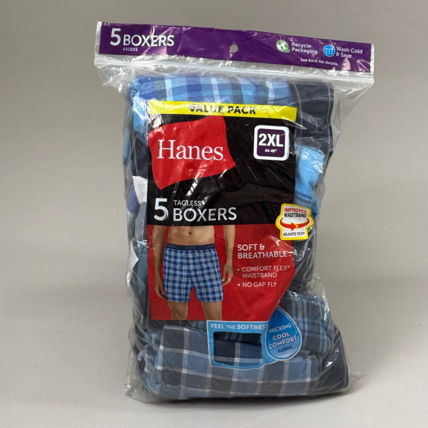 ZA@ HANES (2 PACK) Tagless Boxer Underwear Exposed Waist Band Men's 2XL Blue 5pk