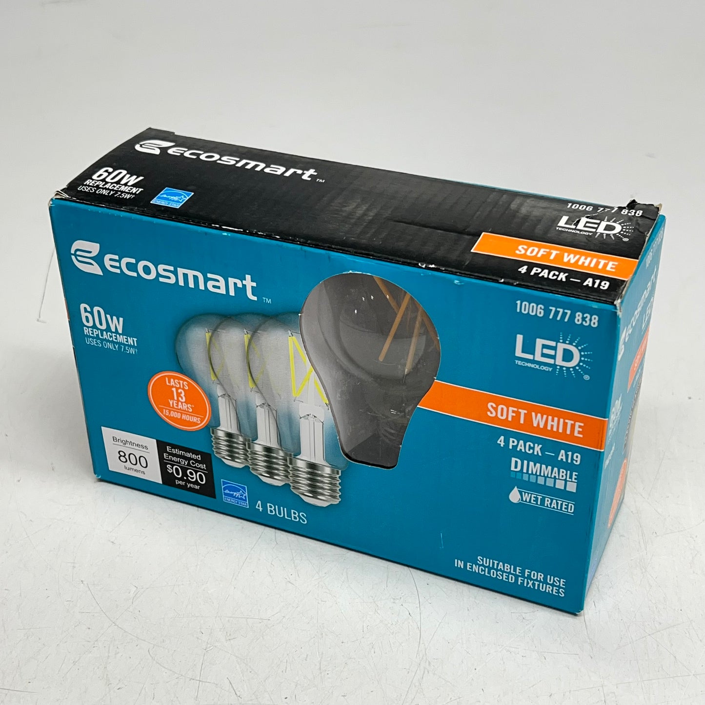 ZA@ ECOSMART (SET OF 4) Energy Efficient Led Bulbs  60W A19 Dimmable Soft White 1006777838