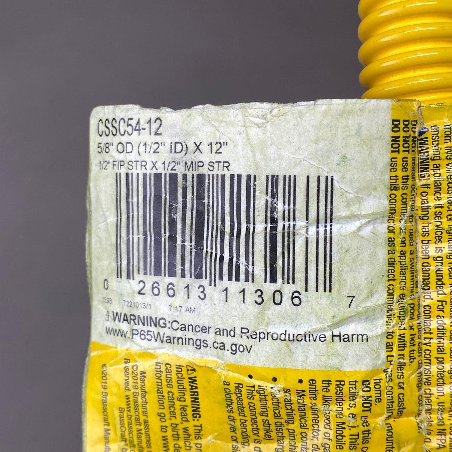 BRASSCRAFT ProCoated Stainless Steel Gas Connector 5/8"ODX1.2"IDx12" Yellow CSSC54