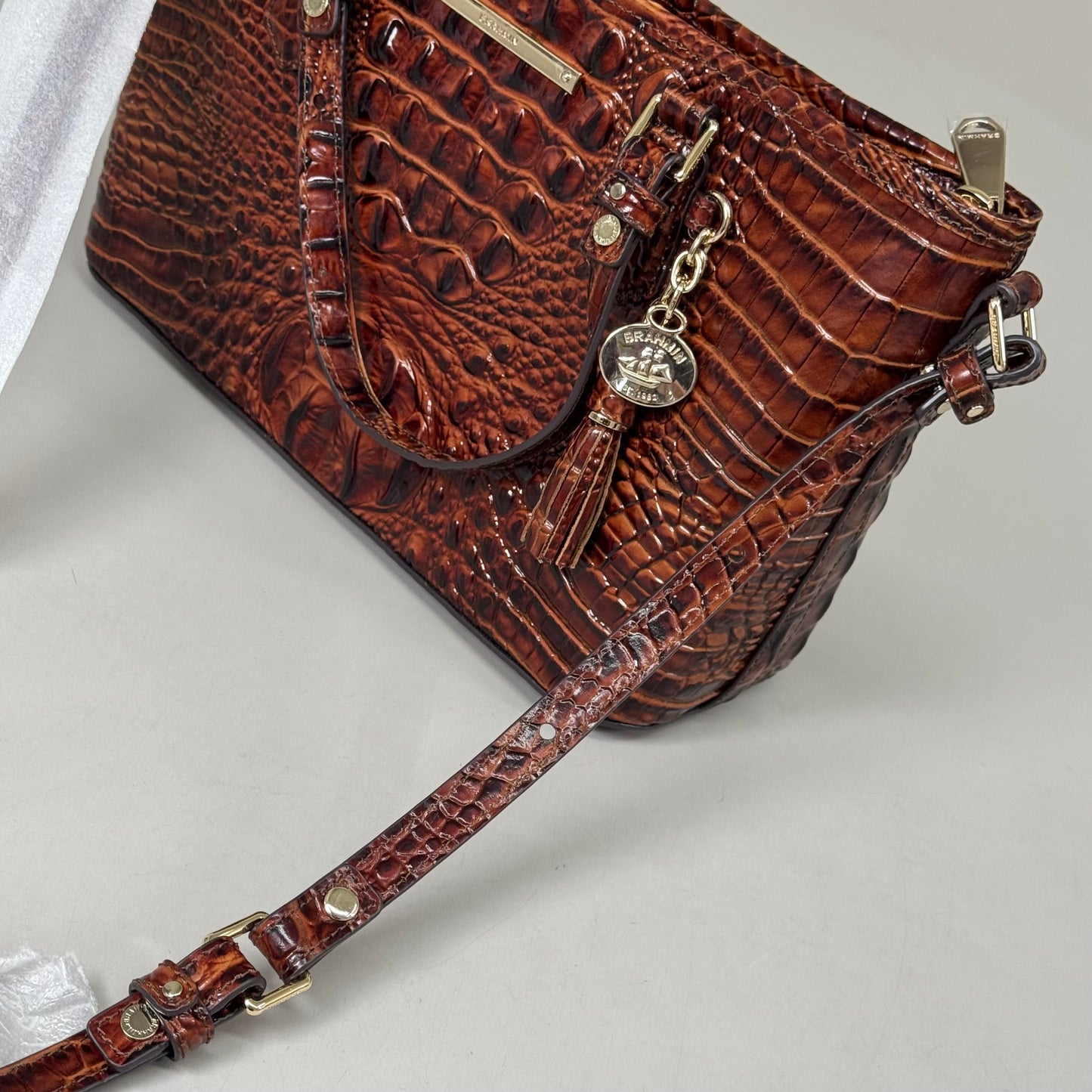 BRAHMIN Melbourne Leather Crocodile Embossed Med Asher Tote Bag (Brown)