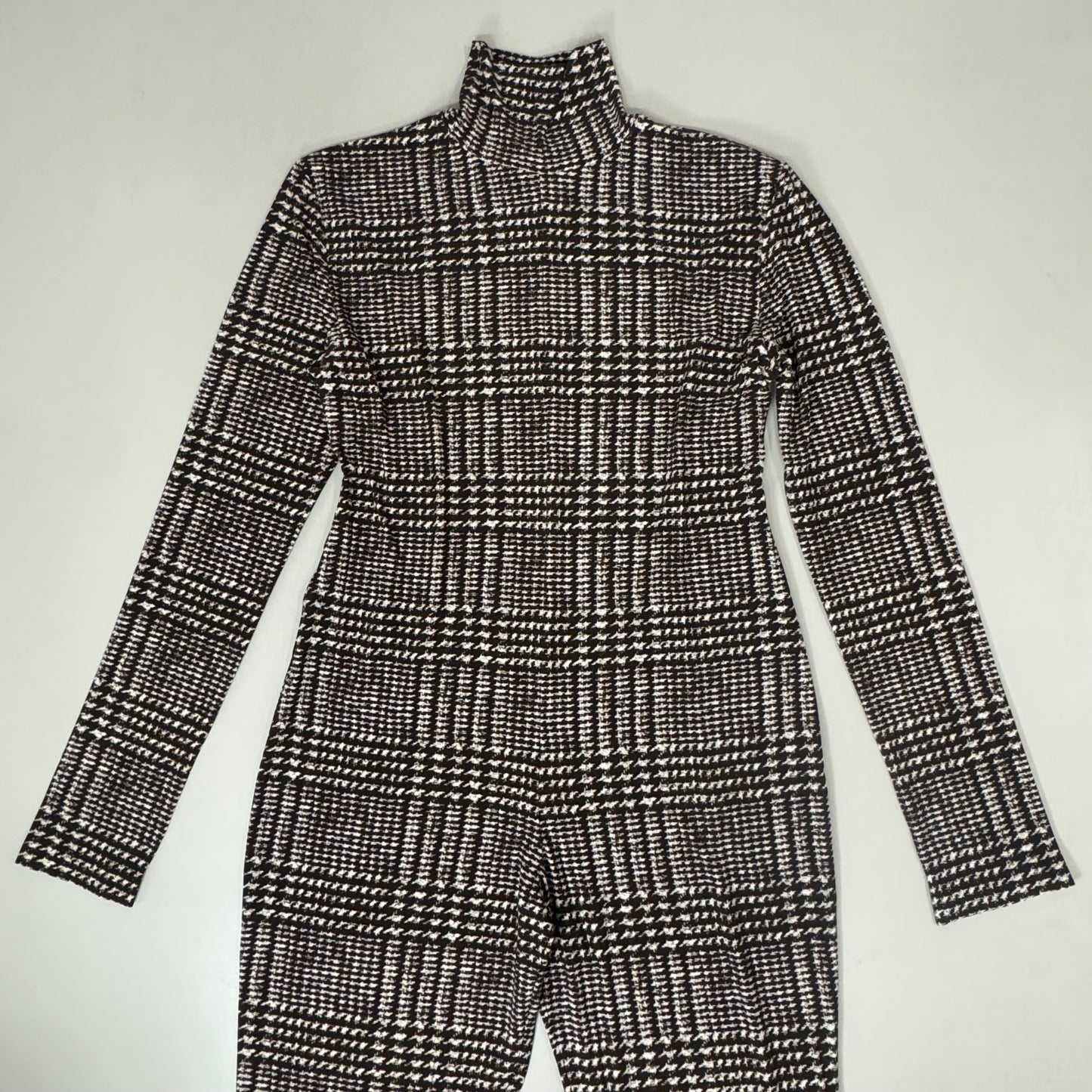 NORMA KAMALI Sleeve Open Back Catsuit Footsie Women's Sz XL/42 Chocolate Plaid