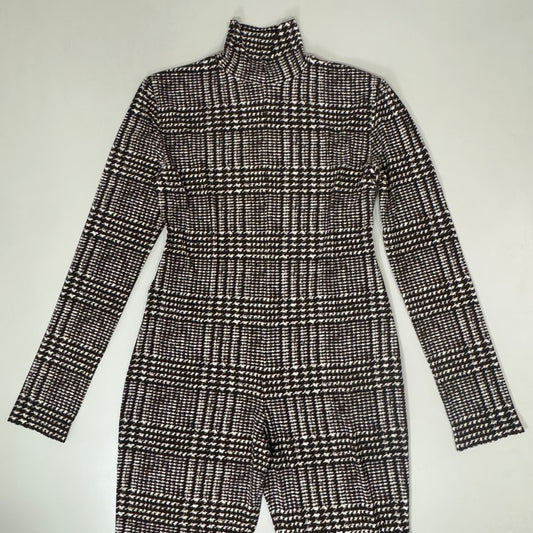 NORMA KAMALI Sleeve Open Back Catsuit Footsie Women's Sz XL/42 Chocolate Plaid