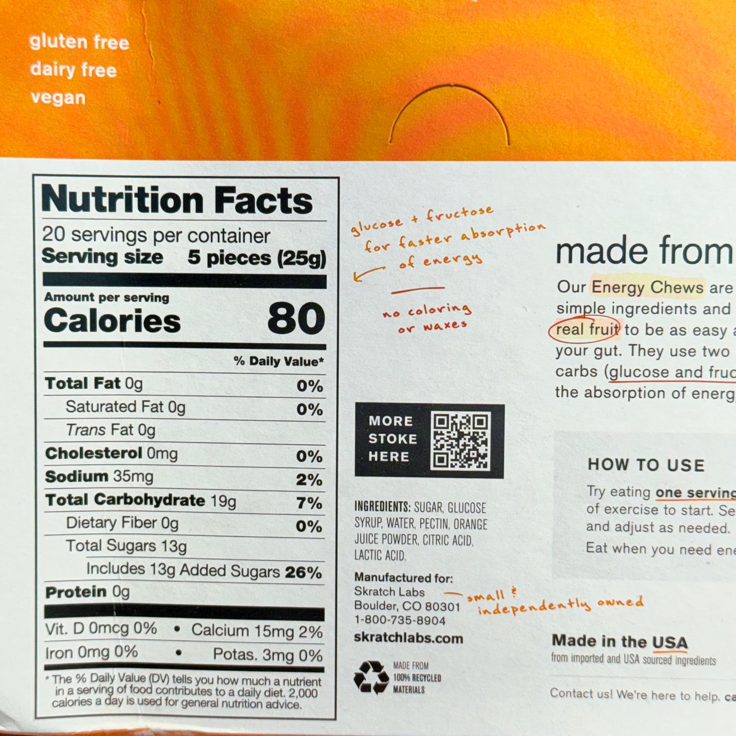 ZA@ SKRATCH (10 PACK) Orange Energy Chews 1.76 Oz BB 12/26 (New - Dented Box)