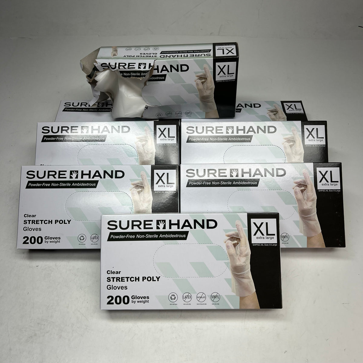 ZA@ SUREHAND (8 PACK) Powder Free Ambidextrous Stretch Poly Gloves Sz XL Clear (As-is)