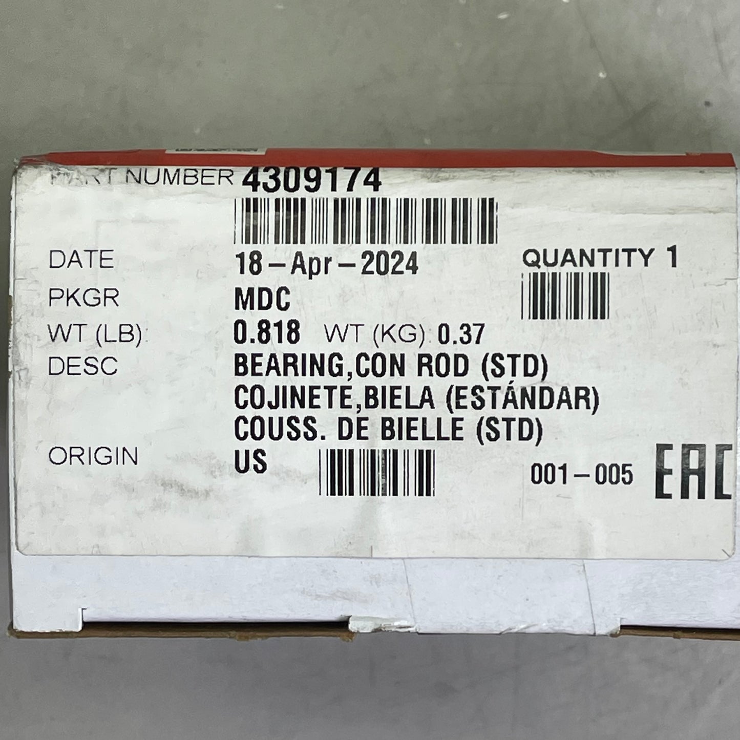 CUMMINS Genuine Bearing Connecting Rod 3.4"x2.9"x4.3" Steel 4309174