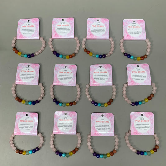 BEST WHOLESALE (12 PACK) Beaded Rose Quartz/Rainbow Crystal Bracelets 3"