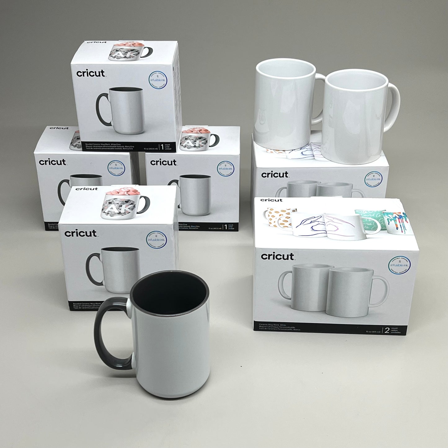 CIRCUT (10 Pack) Ceramic Mug Blank Grey Handle & Interior Infusible Ink White & Grey 15oz