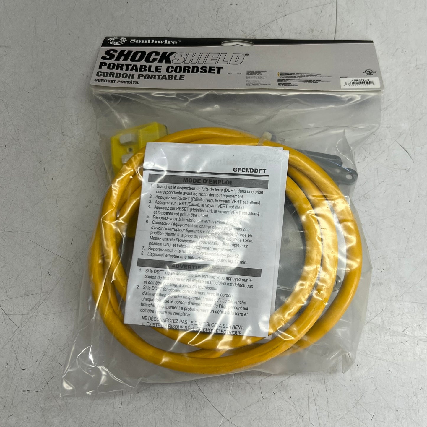 SOUTHWIRE Shockshield Portable Cordset, Manual Reset 120V/15A 6 Ft, Yellow & Grey 14880003-3