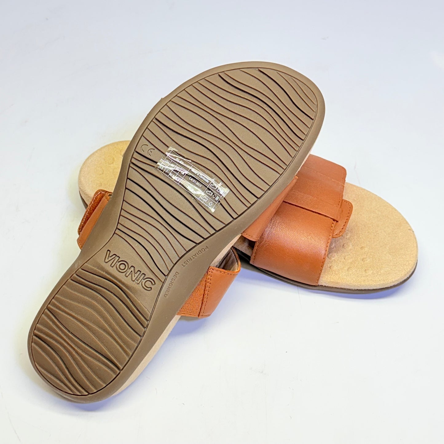 VIONIC Riley Sandals Leather Adjustable Slide Sz 9-1/2 Wide Tan #687 New