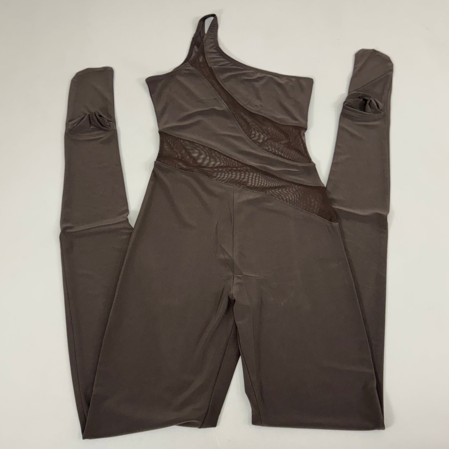 NORMA KAMALI One Shoulder Snake Mesh Catsuit Footsie Women's Sz XXS/32 Chocolate