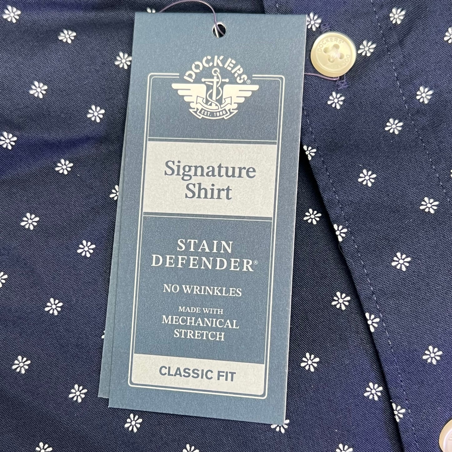 DOCKERS Stain Defender Button Up Shirt Daisy Pattern Men's Sz XXL Navy Blue