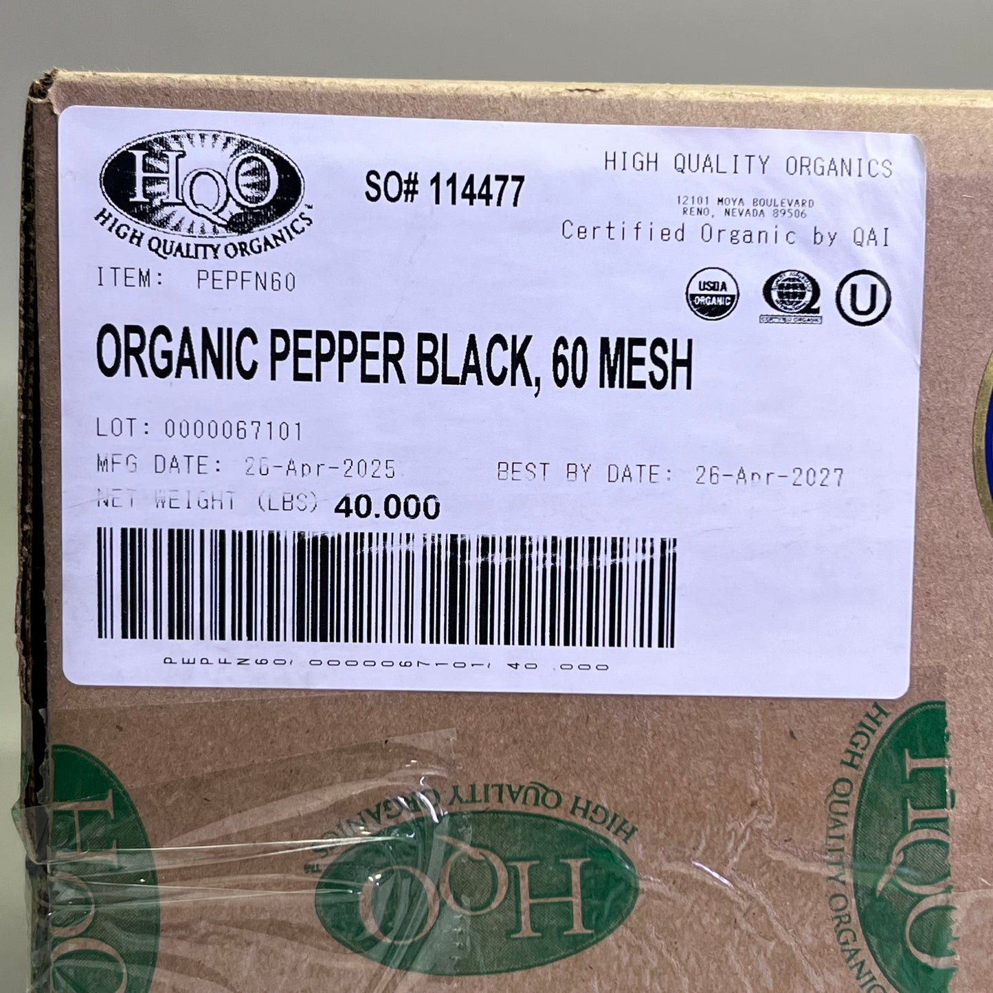 HQO (40 POUNDS) Organic Pepper Black, 60 Mesh BB 04/27