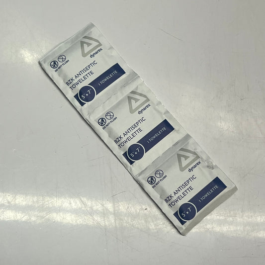 ZA@ DYNAREX (2 PACK, 100 PACKETS EACH) DynaSaftey BZK Antiseptic Towelettes 5"x7" White 1303 BB 03/30 A