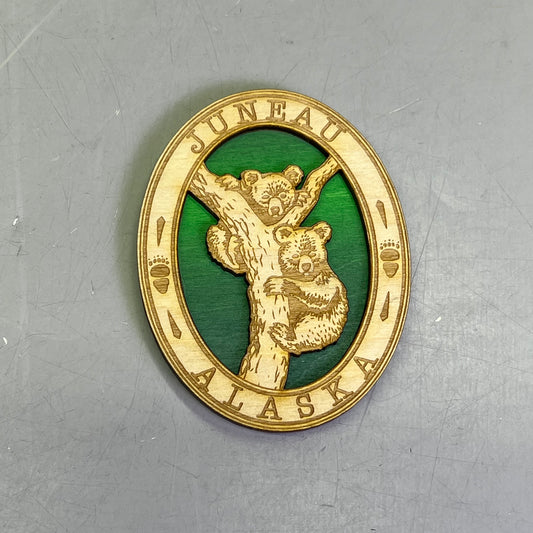 (2 PACK) Baby Bears Tree Laser Cut Wood Magnet Souvenir JUNEAU, AK Made In USA