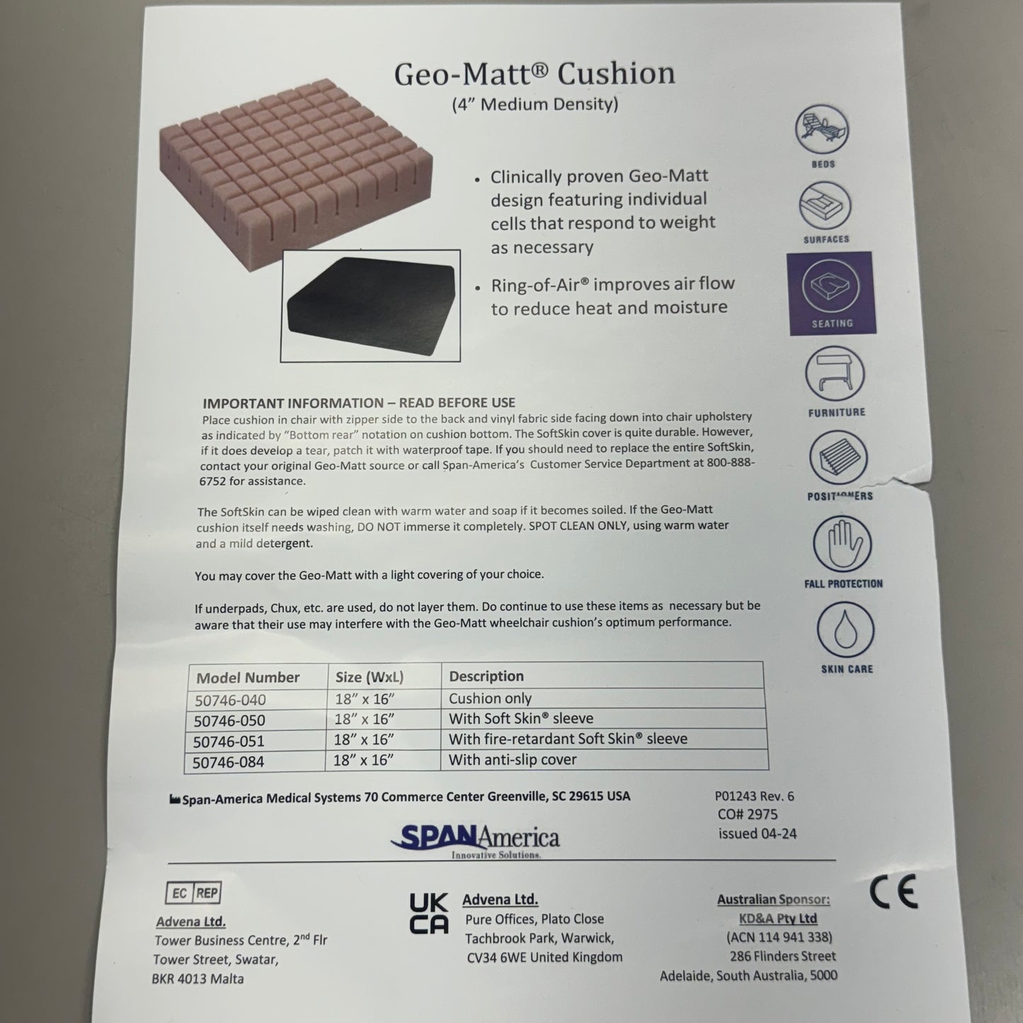 GEO-MATT 4” Medium Density Wheelchair Cushion 4" x 18" x 16" 50746-050