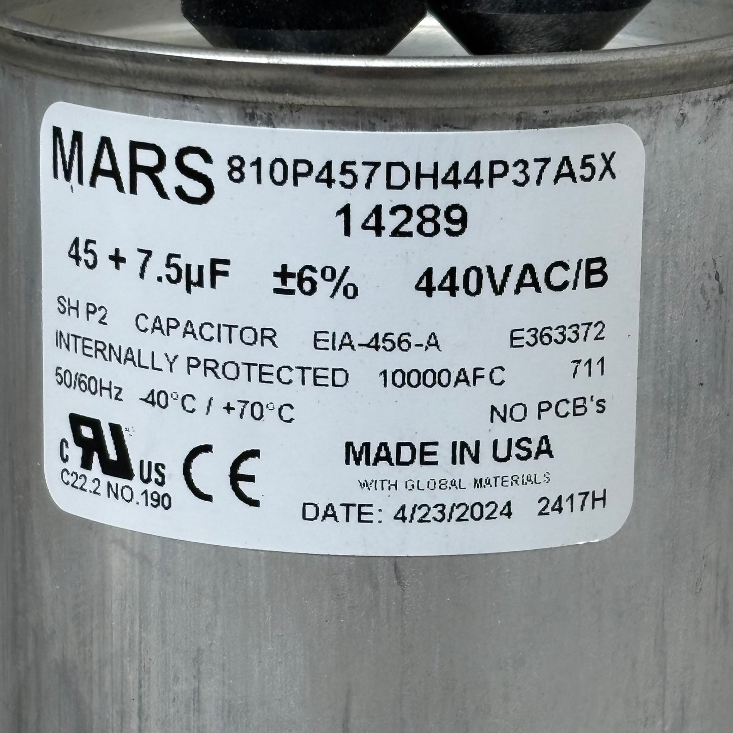 MARS Aluminum Motor Run Capacitor Round 45/7.5 MFD 440/370VAC Dual Voltage 14289