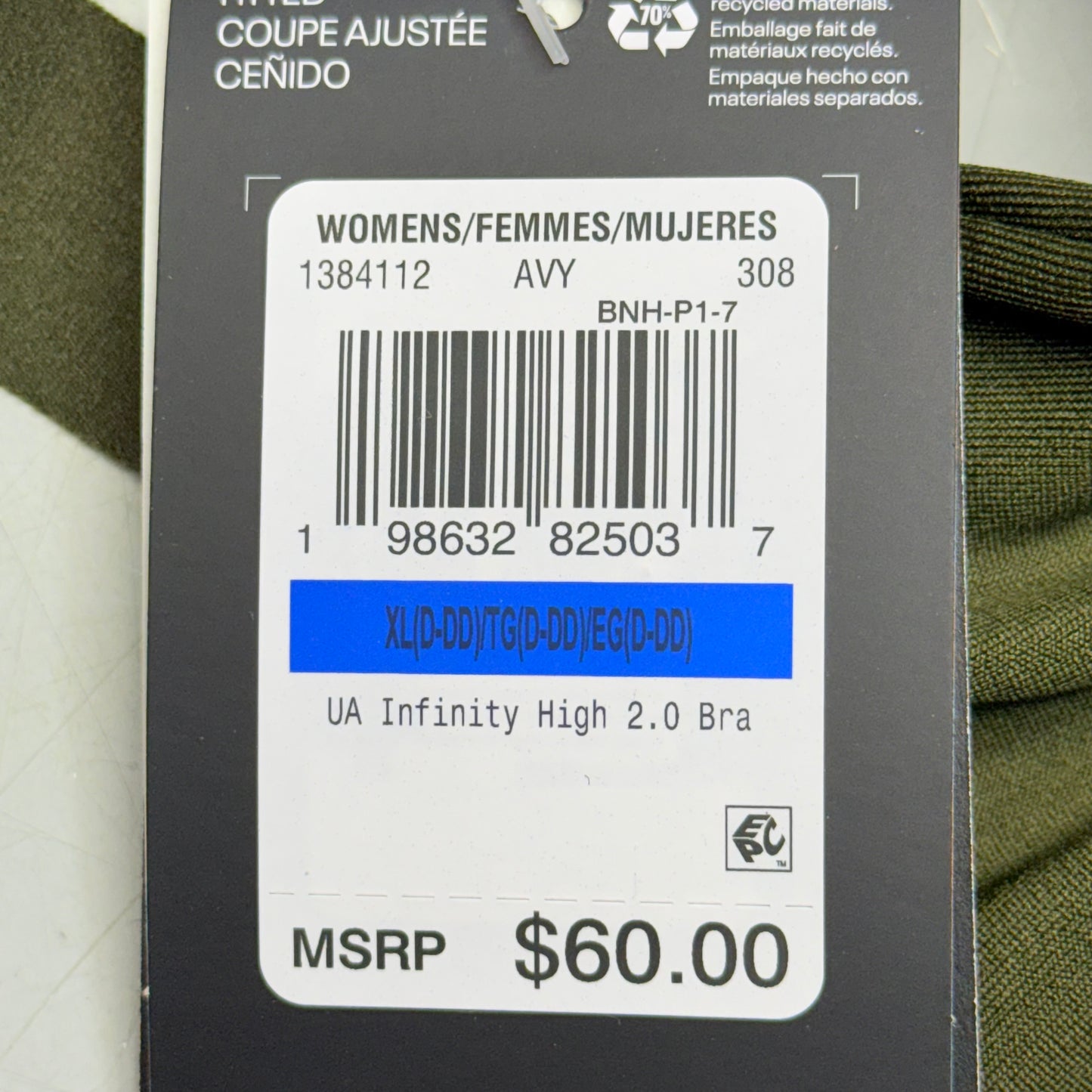 UNDER ARMOUR Infinity 2.0 High Sports Bra Fitted Women's Sz XL Cup(D-DD)Green