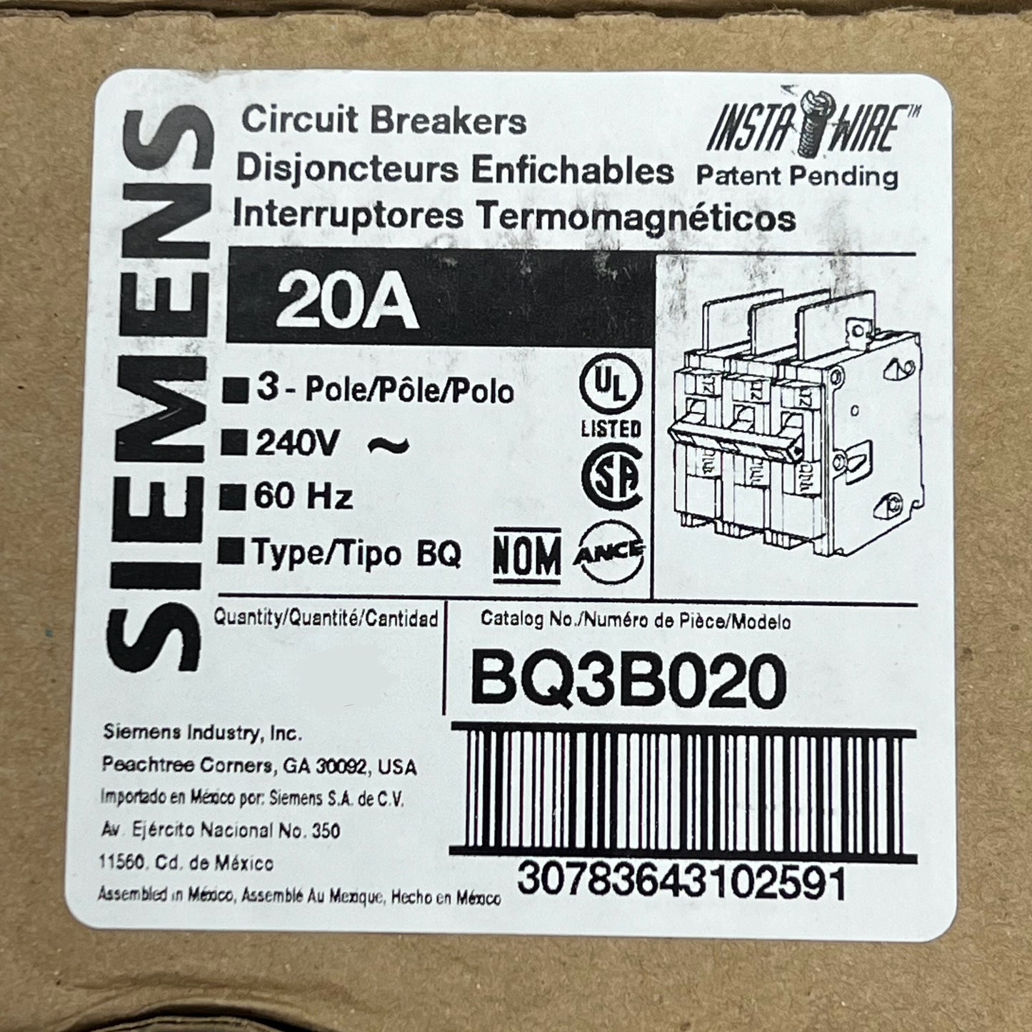 SIEMENS 20Amp Circuit Breaker Bolt-On 3 Pole 240 Volt BQ3B020