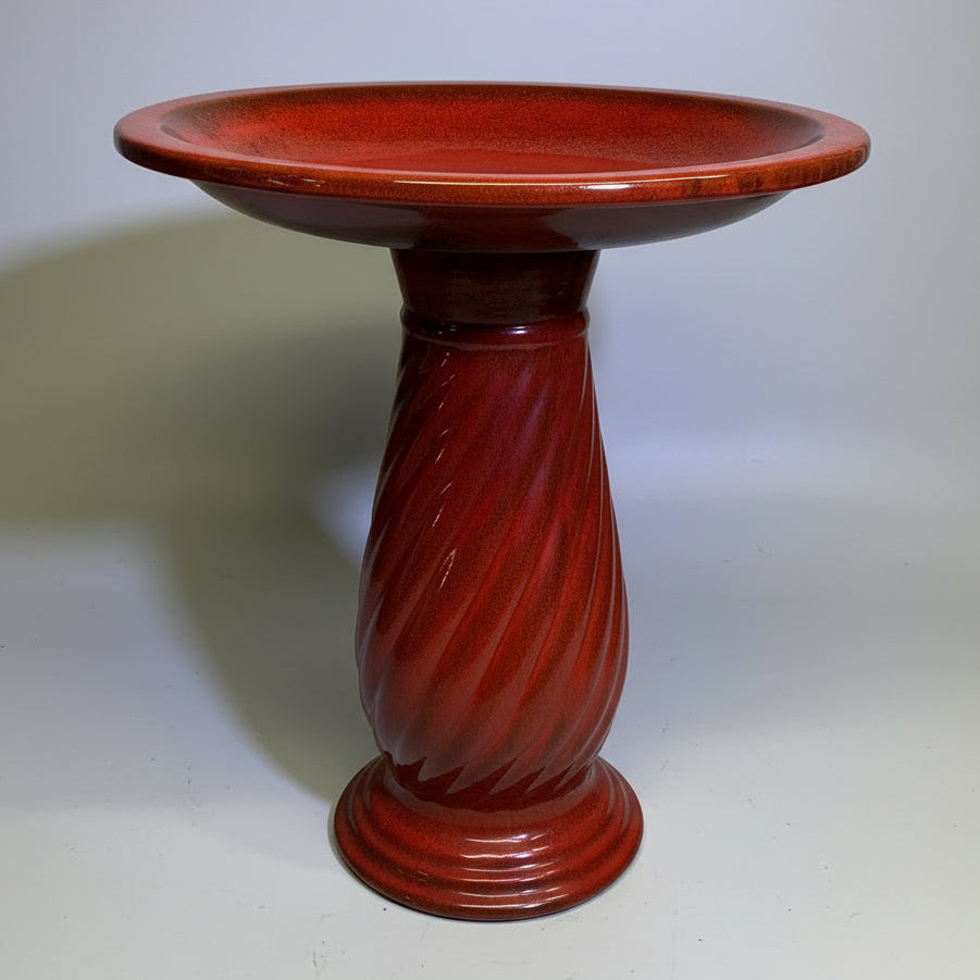 ZA@ Glazed Pottery 2 Piece Swirl Stand Bird Bath 22" L x 20" Dia Shiny Red