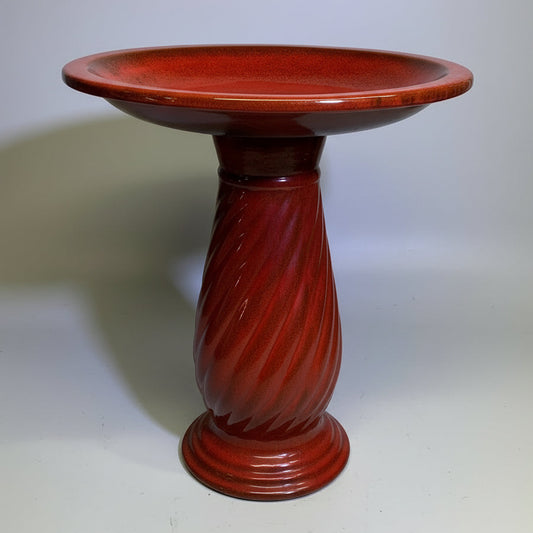 ZA@ Glazed Pottery 2 Piece Swirl Stand Bird Bath 22" L x 20" Dia Shiny Red
